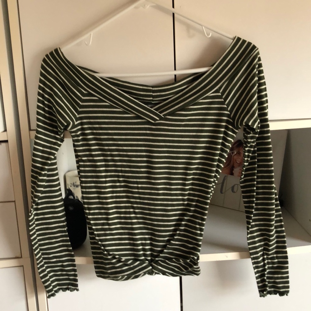 dark green and cream striped off the shoulder
